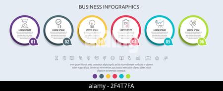 Kreise Vektor-Infografik mit 6 Schritt, Symbole. Zeitachse für Diagramm, Diagramm, Web, Banner, Präsentationen, flussdiagramm, Infograph, Inhalt, Ebenen Stock Vektor