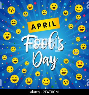 April Fools Day Grußkarte mit glücklichen Gesicht Emojis über blauen Balken Hintergrund. Farbenfrohe Schriftzüge für das Urlaubsdesign. Vektorgrafik Stock Vektor