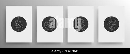 Set von minimalistischen abstrakten weißen kontinuierlichen Linie Kunst im schwarzen Kreis für das Design für Cover und Poster oder Wanddekoration, Vektor. Stock Vektor