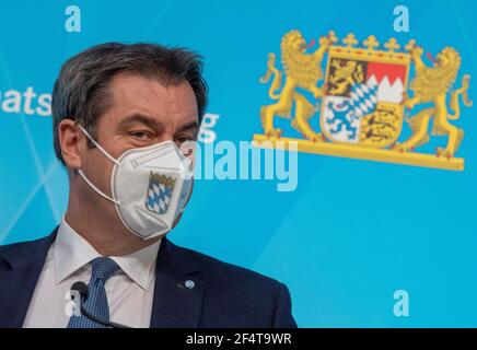 München, Deutschland. März 2021, 23rd. Markus Söder (CSU), Ministerpräsident von Bayern, nimmt nach der Kabinettssitzung an einer Abschlusspressekonferenz Teil. Quelle: Peter Kneffel/dpa-Pool/dpa/Alamy Live News Stockfoto