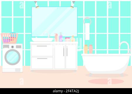 Badezimmer mit Möbeln und Armaturen. Vektor. Wohnzimmer mit Badewanne, Waschbecken, Spiegel und Waschmaschine. Home Zimmer zum Waschen und Reinigen. Flach i Stock Vektor