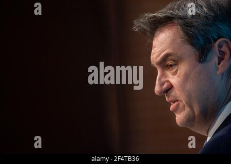 München, Deutschland. März 2021, 23rd. Markus Söder (CSU), Ministerpräsident von Bayern, nimmt nach der Kabinettssitzung an einer Abschlusspressekonferenz Teil. Quelle: Peter Kneffel/dpa-Pool/dpa/Alamy Live News Stockfoto