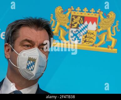 München, Deutschland. März 2021, 23rd. Markus Söder (CSU), Ministerpräsident von Bayern, nimmt nach der Kabinettssitzung an einer Abschlusspressekonferenz Teil. Quelle: Peter Kneffel/dpa-Pool/dpa/Alamy Live News Stockfoto