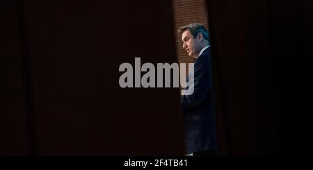 München, Deutschland. März 2021, 23rd. Markus Söder (CSU), Ministerpräsident von Bayern, nimmt nach der Kabinettssitzung an einer Abschlusspressekonferenz Teil. Quelle: Peter Kneffel/dpa-Pool/dpa/Alamy Live News Stockfoto