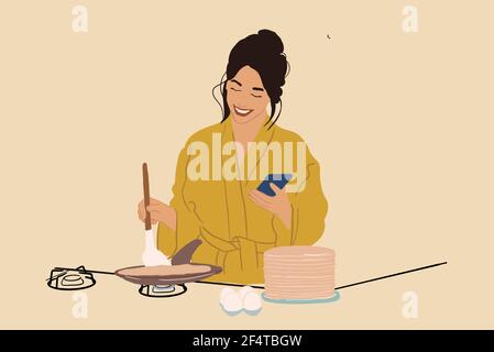 Hübsche Frau in einem gelben Bademantel, die Pfannkuchen auf der Pfanne auf dem Gasherd kocht, während sie etwas am Telefon sucht. Süßes Frühstück am Morgen. Vektorgrafik. Stock Vektor