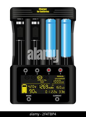 Ladegerät für 18650 Batterien. Schwarzes Ladegerät mit 4 Steckdosen und Ladeinformationen auf dem Bildschirm. Isoliert auf weißem Hintergrund. Vektorgrafik Stock Vektor