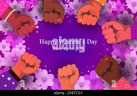 Internationaler Damen Tag Mix Rennen Fäuste Urlaub Shopping Sale Konzept Verschiedene Nationalitäten weibliche Hände Stock Vektor