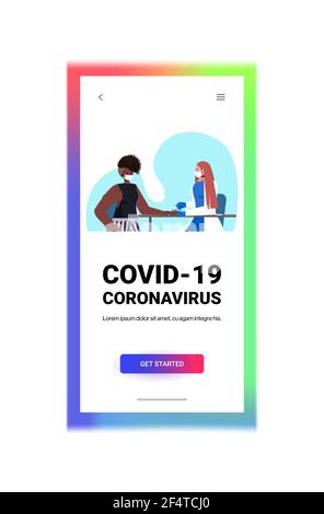 Arzt in Maske, die Blutprobe der Frau Patientin auf Schnelltestkampf gegen Coronavirus Stock Vektor