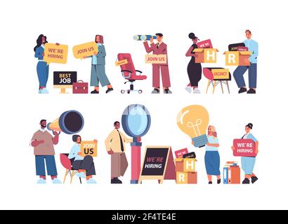 Set Mix Race-h-Manager, die wir einstellen, stellen uns bei US-Plakate: Offene Personalbeschaffung mit offenen Stellen Stock Vektor