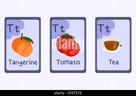 Bunte Alphabet Flashcard Buchstabe T - Mandarine, Tee, Tomate. Stock Vektor