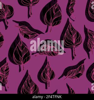 Blätter mit Ornamenten und Streifen. Nahtlose Muster Kontur Blätter mit einem Kontrastschatten Stockfoto
