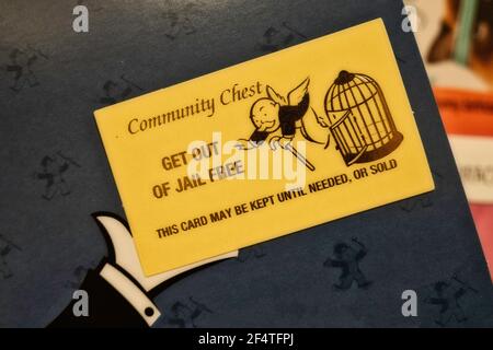 Holen Sie sich aus dem Gefängnis Kostenlose Community Chest Card , Monopoly Brettspiel, USA Stockfoto