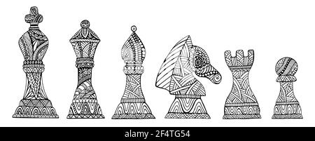 Set mit König, Königin, Bischof, Ritter, Rook und Bauer Schachfiguren Malvorlagen für Erwachsene und Kinder, isoliert auf weiß. Schwarz-Weiß-Kollektion Crea Stock Vektor