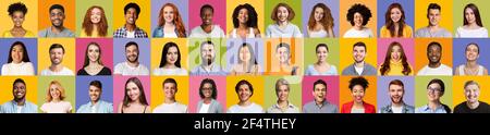 Sammlung Von Smiling Mixed People Smiling Über Bunten Hintergründen, Collage Stockfoto