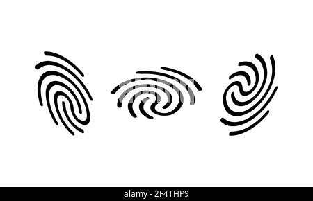 Fingerabdruck-Symbol in Schwarz eingestellt. Wissenschaft Sicherheit Kriminalität Anatomie Identität. Fingerabdruck-Symbol Vektor EPS 10 Stock Vektor