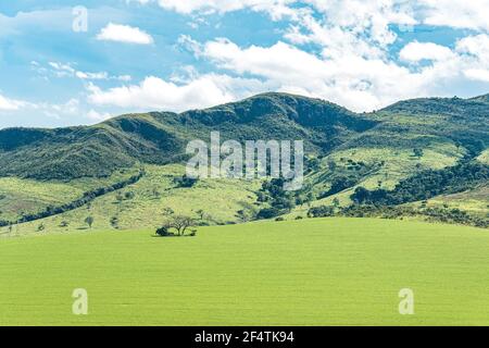 Schöne Landschaft von einem Bauernhof Feld in der Nähe der Hügel, grünes Feld an einem blauen Himmel Tag. Landschaft der Canastra Sierra bei São Roque de Minas, MG, Stockfoto