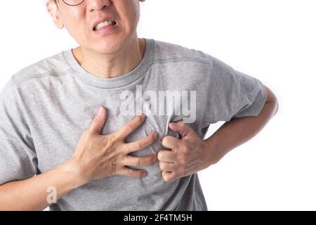 Mann mittleren Alters hat einen Herzinfarkt Symptom. Senior Health oder Health Care Konzept. Stockfoto