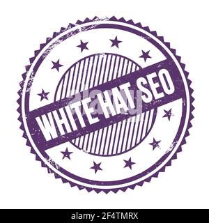 WHITE HAT SEO Text auf lila Indigo grungy Zick-Zack-Grenzen rund Stempel geschrieben. Stockfoto