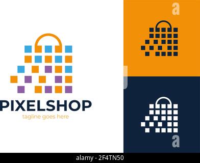 Pixel Shop Markt Logo Design Vektor, Einkaufstasche Logo Designs, abstraktes Konzept für Online-Shop Stock Vektor