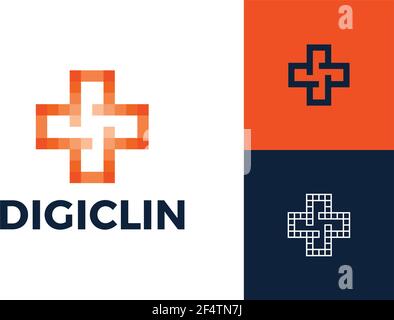 Cross Pixel Medical Logo Design moderne Vorlage. Pixel Health Logo Designs Vorlage, Medizinische Logo im modernen Stil Vektor, Technologie Logo temp Stock Vektor