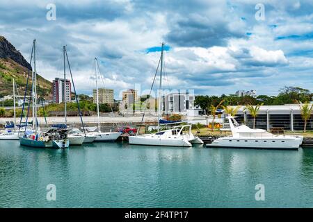 Boote im Hafen von Port Louis, Mauritius, Afrika Stockfoto