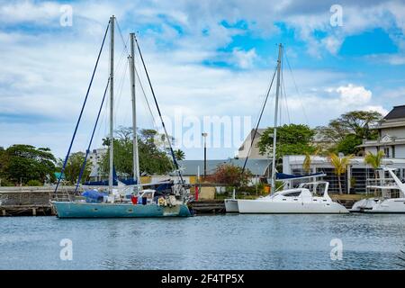 Boote im Hafen von Port Louis, Mauritius, Afrika Stockfoto