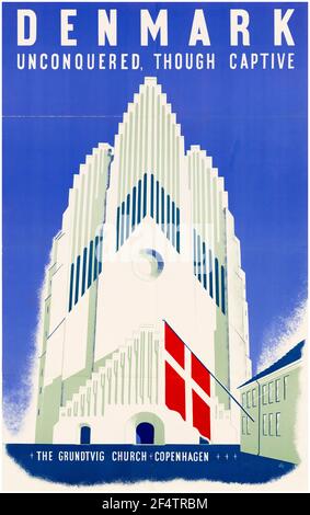 Dänisch, WW2 Motivationsplakat, unbesiegt aber gefangen, besetztes Dänemark - die Grundtvig Kirche, Kopenhagen, 1942-1945 Stockfoto