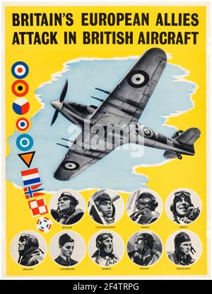 WW2, Angriff der britischen Alliierten in britischen Flugzeugen, (Piloten aus dem besetzten Europa, die mit der RAF fliegen), Plakat, 1942-1945 Stockfoto