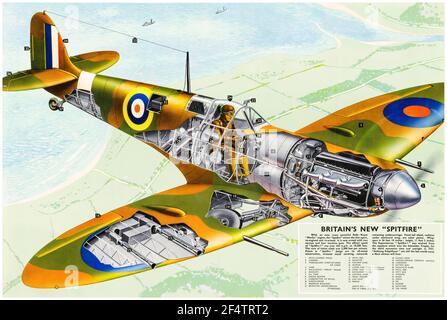 WW2, Großbritanniens neuer 'Spitfire' ('Supermarine Spitfire Mk1B Querschnitt), Plakat, 1942-1945 Stockfoto