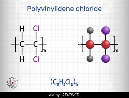 Polyvinylidenchlorid, Polyvinylidendichlorid, PVDC-Molekül. Es ist Homopolymer von Vinylidenchlorid. Blatt Papier in einem Käfig. Vektorgrafik Stock Vektor