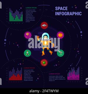 Space Infografik Set mit Astronaut, Grafiken und Icons. Flache Vektorgrafiken. Stock Vektor
