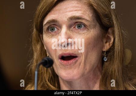 Der ehemalige US-Botschafter bei den Vereinten Nationen, Samantha Power, bezeugt vor dem Senate Foreign Relations Committee, dass er der nächste Administrator der United States Agency for International Development (USAID) im Dirksen Senate Office Building in Washington DC, USA, 23. März 2021 sein wird. (Foto von Pool/Sipa USA) Stockfoto