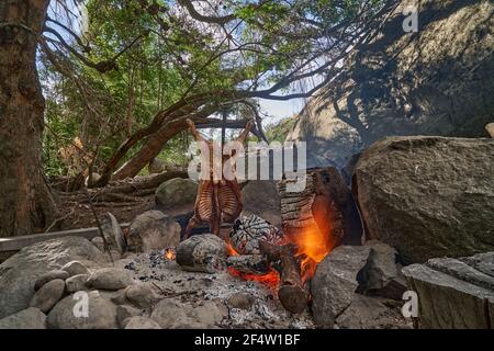 Rustikales Lamm Grill bbq über offenem Feuer in Patagonien, Argentinien, Südamerika. Asado ist ein Gaucho Traditon mit Kochen auf offener Flamme Stockfoto