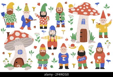 Gartenzwerg-Figuren. GNOME Gartendekorationen, Zwerge mit Pilzen, Gnom Maskottchen. Lustige Garten Märchen Kreaturen Vektor Illustration Set Stock Vektor