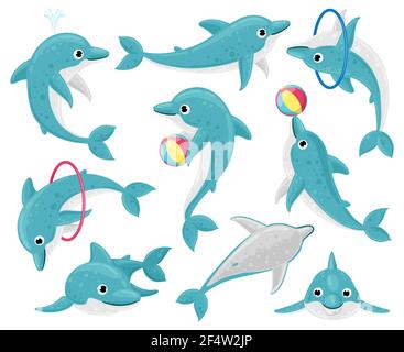 Niedliche Cartoon Delphine. Unterwasserfauna Säugetier Charakter, lustige Delfin Durchführung Tricks. Delphin Ozean Maskottchen Vektor Illustration Set Stock Vektor