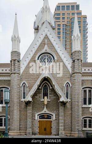 Vertikal der schönen Salt Lake Assembly Hall in Salt Lake City, Utah, USA Stockfoto