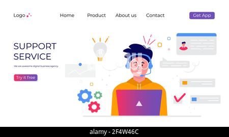 Landing Page des Customer Support Service. Konzept mit Mann mit Kopfhörer und Mikrofon mit Laptop. Geschäftsthema und digitale Kommunikation für Assis Stock Vektor