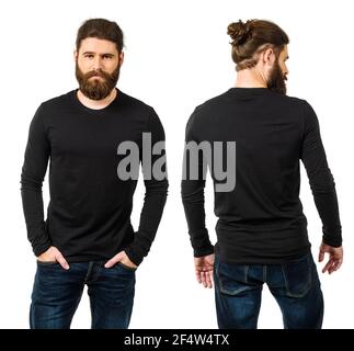 Junger Mann mit langen Haaren und Bart trägt blank schwarzes Langarm-Shirt, vorne und hinten. Bereit für Ihre Grafik. Stockfoto