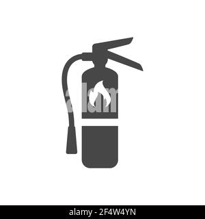 Feuerlöscher mit flammenschwarzem Vektorsymbol. Einfaches Glyphensymbol. Stock Vektor