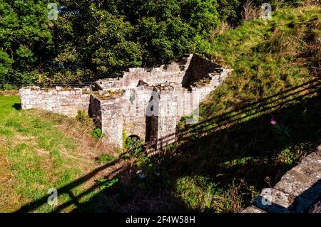 Die Brücke über den Graben wirft einen dunklen Schatten Die Hänge und überwucherten Graben fließen in die Ruinen von Die Unterkirche von Norham Castle Chapel Stockfoto