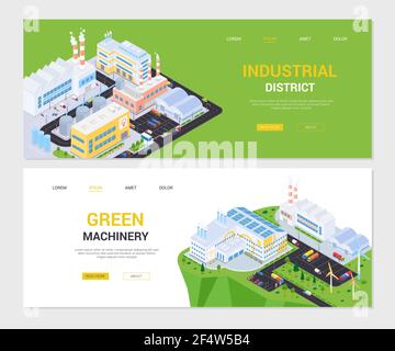 Industriegebiet und grüne Maschinen - Satz von isometrischen Banner mit Platz für Text kopieren. Bilder von Pflanzen, Öko-Fabrik mit Windkraftanlagen, Solar p Stock Vektor
