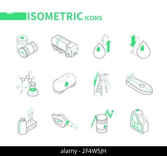 Ölindustrie - Moderne Linie isometrische Symbole gesetzt. Prozession und Vermarktung von Erdölprodukten. Fässer, Pumpe, Pflanze, Kanister, Tropfen mit Pfeilen, Tank Stock Vektor