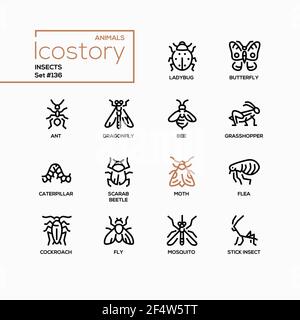 Insects Collection - Moderne Linie Design Stil Symbole auf weißem Hintergrund gesetzt. Bilder von Marienkäfer, Schmetterling, Ameise, Libelle, Biene, grasshopper, Katerpille Stock Vektor