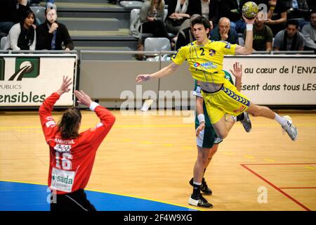 HANDBALL - FRANZÖSISCHE MEISTERSCHAFT D1 2009/2010 - TOULOUSE (FRA) - 26/03/2010 - FOTO : JEAN FRANCOIS MOLLIERE / DPPITOULOUSE / NIMES - BENJAMIN BRIFFE / TOULOUSE Stockfoto