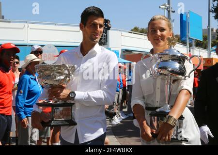 Novak Djokovic und Victoria Azarenka bei der Auslosung der Australian Open 2014, Sydney, Australien, 7. Januar 2014. Foto Julien Nibeaudeau Roffet / DPPI Stockfoto