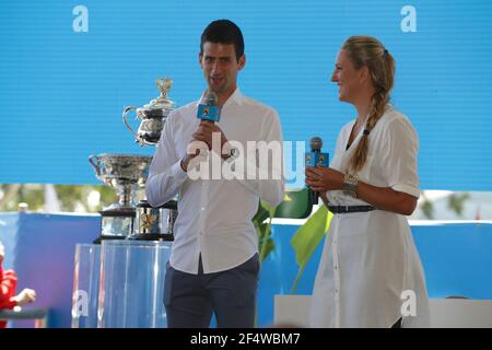 Novak Djokovic und Victoria Azarenka bei der Auslosung der Australian Open 2014, Sydney, Australien, 7. Januar 2014. Foto Julien Nibeaudeau Roffet / DPPI Stockfoto