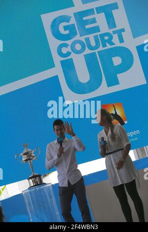 Novak Djokovic und Victoria Azarenka bei der Auslosung der Australian Open 2014, Sydney, Australien, 7. Januar 2014. Foto Julien Nibeaudeau Roffet / DPPI Stockfoto