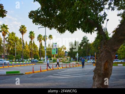 Shiraz, Iran: Fußgängerüberweg am Azadi Boulevard, außerhalb des Azadi Parks. Ein paar Fußgänger kreuzen sich. Viele Palmen im Hintergrund Stockfoto