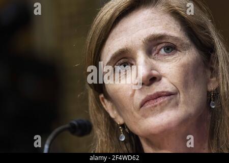 Der ehemalige US-Botschafter bei den Vereinten Nationen, Samantha Power, bezeugt vor dem Senate Foreign Relations Committee, dass er der nächste Administrator der United States Agency for International Development (USAID) im Dirksen Senate Office Building in Washington DC, USA, 23. März 2021 sein wird. Foto von Jim Lo Scalzo/Pool/ABACAPRESS.COM Stockfoto