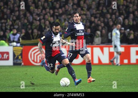 Paris Ezequiel Lavezzi und Maxwell während des Fußballspiels der französischen Liga zwischen Nantes und Paris Saint-Germain im Stadion La Beaujoire in Nantes, Westfrankreich, am 4. Februar 2014. FOTO/JEAN MARC MOUCHET/DPPI Stockfoto